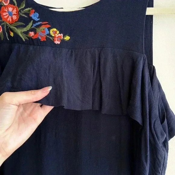 LOFT Cold Shoulder Ruffle Blouse, Floral Embroidered Top, Size Medium - Picture 12 of 16
